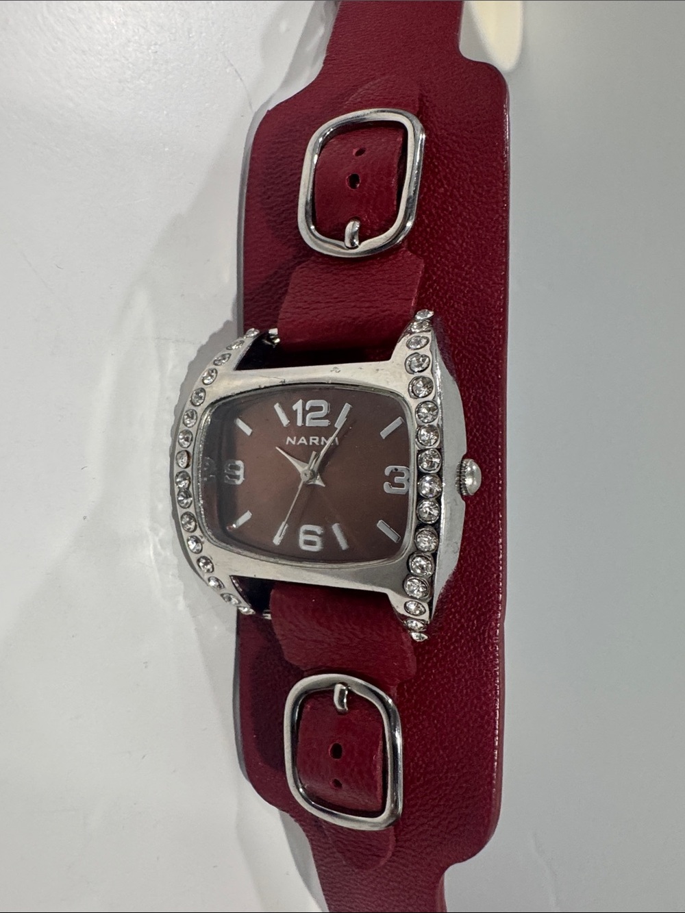 Guess Burgundy Leather Cuff Watch with Crystal Accents